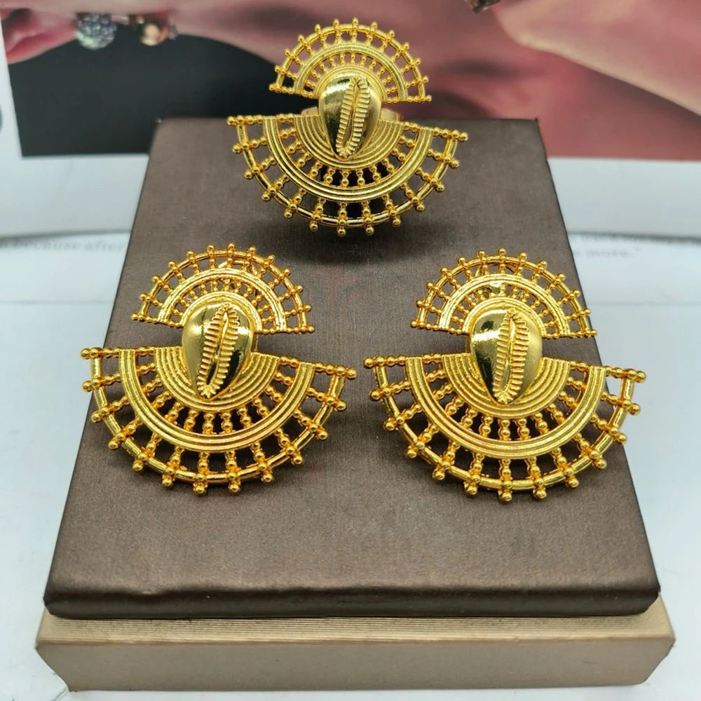 Ohrringe und Ring Schmuckset für Damen Afrikanische 18 Karat Gold Farbe Ohrringe mit Fingerring 2-teiliges Set für Party Äthiopien Täglicher Gebrauch