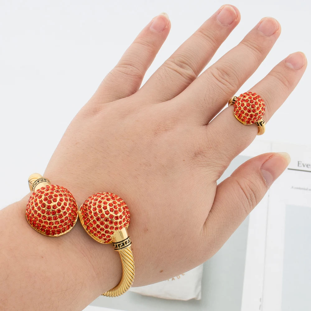 Goldfarbenes Manschettenarmband und Ring für Dubai Afrikanische Frauen Blauer Stein Handarmreif Fingerring Schmuckset Hochzeitsbraut Frau Geschenk