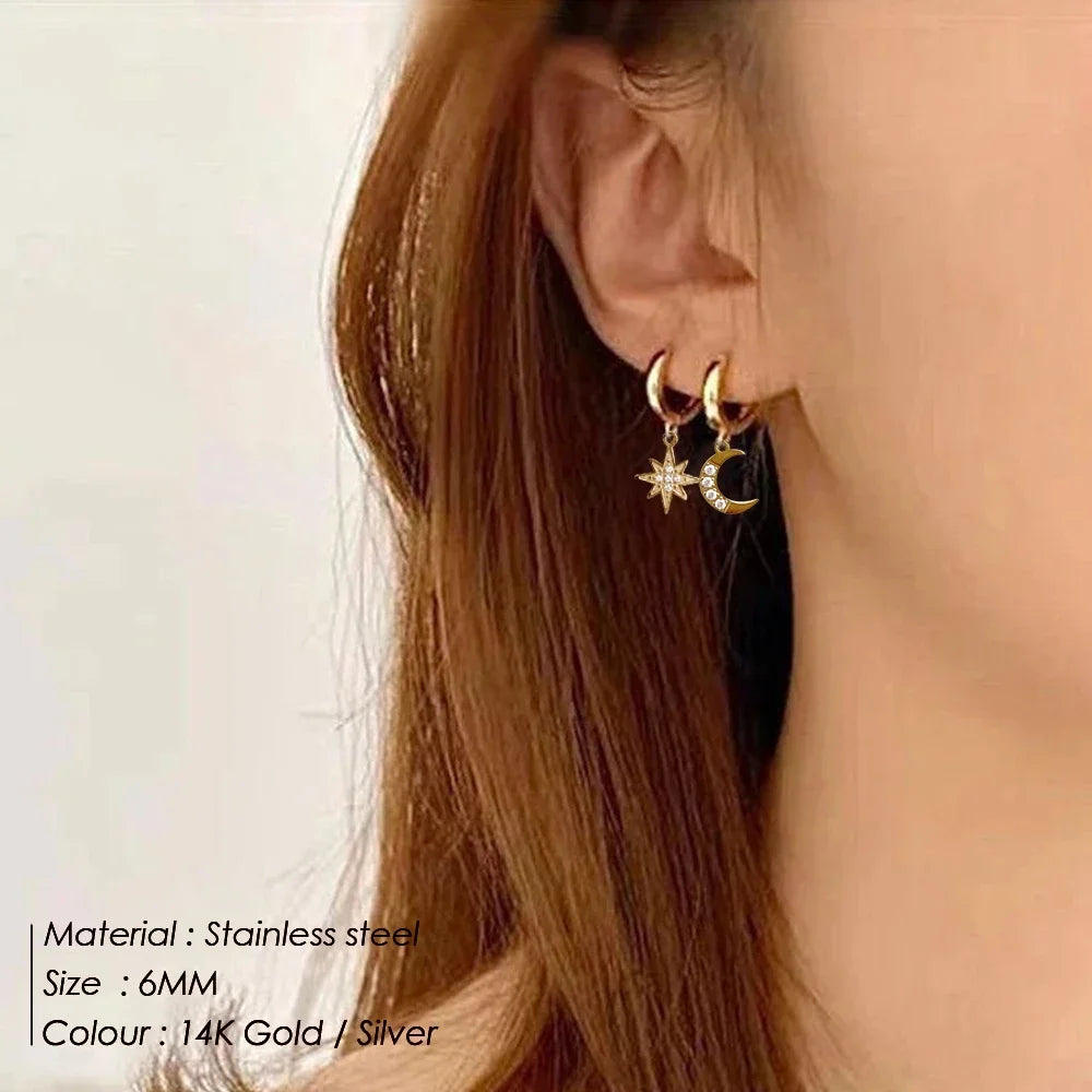 SUNIBI Pendientes colgantes de acero inoxidable para mujer, niña, estrella, luna, pendientes, joyería de boda, regalo de fiesta al por mayor