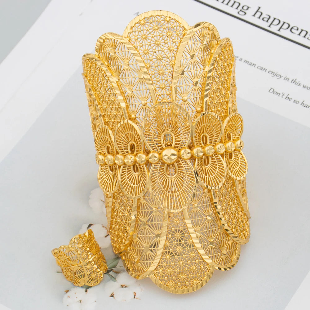 Dubai Manschettenarmreif Damen Arabisch 18K vergoldet Armband Ring Luxus Groß Rund Schmuck Kupfer Hochzeit Äthiopien Brautgeschenke
