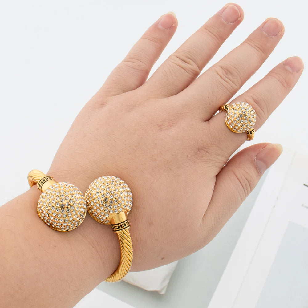 Goldfarbenes Manschettenarmband und Ring für Dubai Afrikanische Frauen Blauer Stein Handarmreif Fingerring Schmuckset Hochzeitsbraut Frau Geschenk