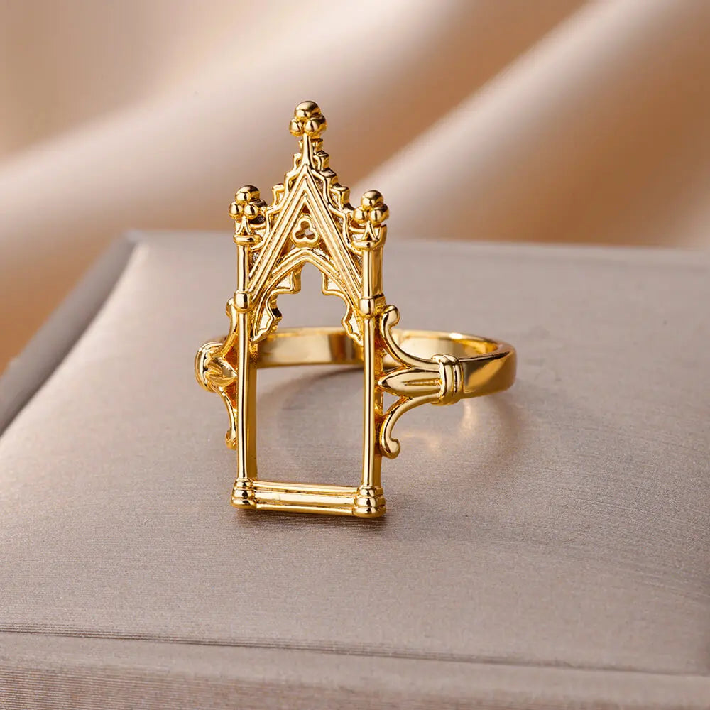 Edelstahl Magic Mirror Ringe für Damen, vergoldet, ästhetischer Ehering, Schloss-Blumenblatt-Design, leichter Luxusschmuck