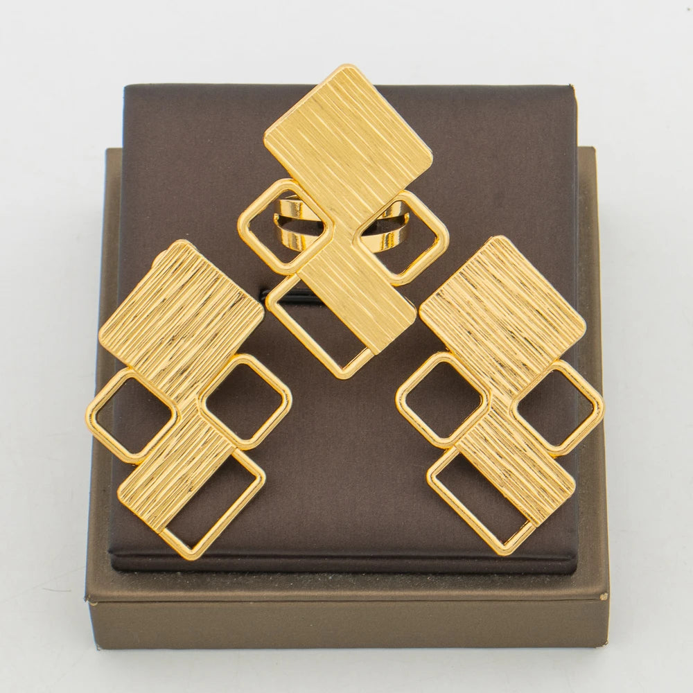 Dubai Goldfarbenes Schmuckset für Partys, Blätter-Design-Ohrringe und Cocktailring, 2-teiliges Set für Hochzeiten, Brautschmuck-Accessoires