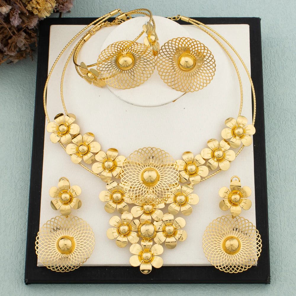 Große Damen Schmuckset Dubai Vergoldet Ohrringe Halskette Kupfer Mehrere Kleine Kreis Design Blume Braut Armreif Ringe Geschenk