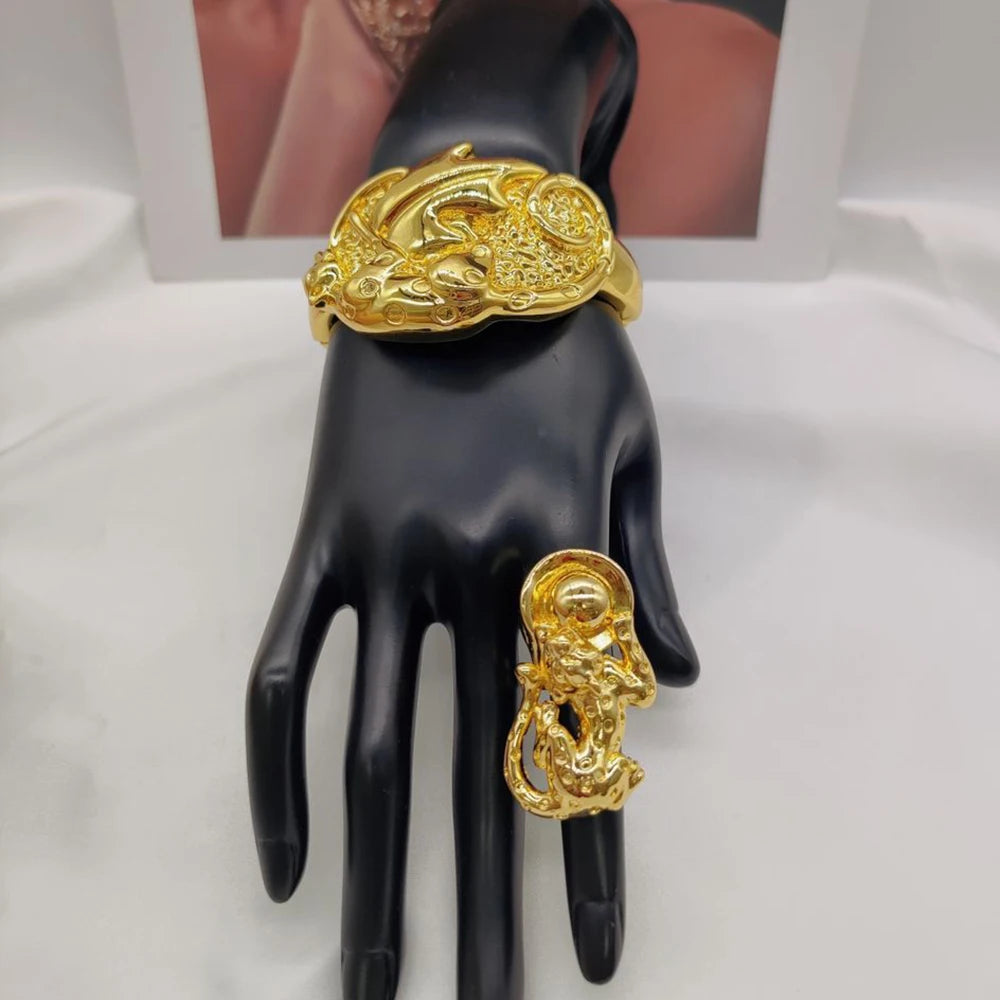 Dubai Armreif- und Ring-Schmuckset für Damen, Hochzeiten, Braut, goldfarben, Hand-Armreif, Cocktailring, 2-teiliges Set für Party-Accessoires