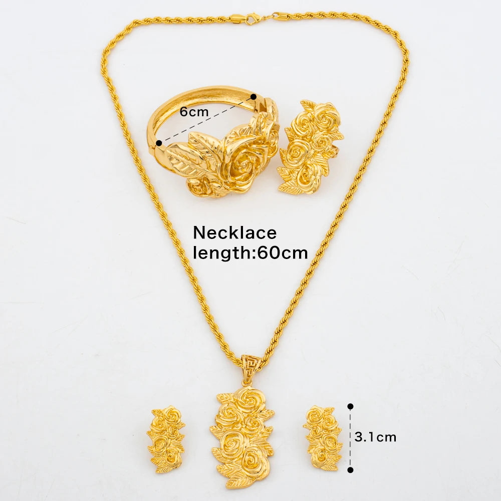 Neu eingetroffene goldfarbene Schmucksets für Damen – modische Ohrringe, Halskette, Armreif, Ring, Blumenanhänger, Braut, Hochzeitsfeier