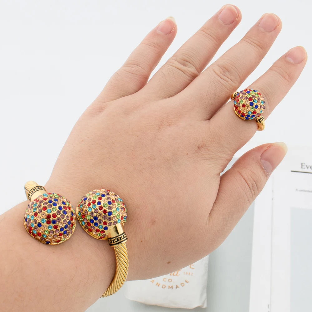 Goldfarbenes Manschettenarmband und Ring für Dubai Afrikanische Frauen Blauer Stein Handarmreif Fingerring Schmuckset Hochzeitsbraut Frau Geschenk