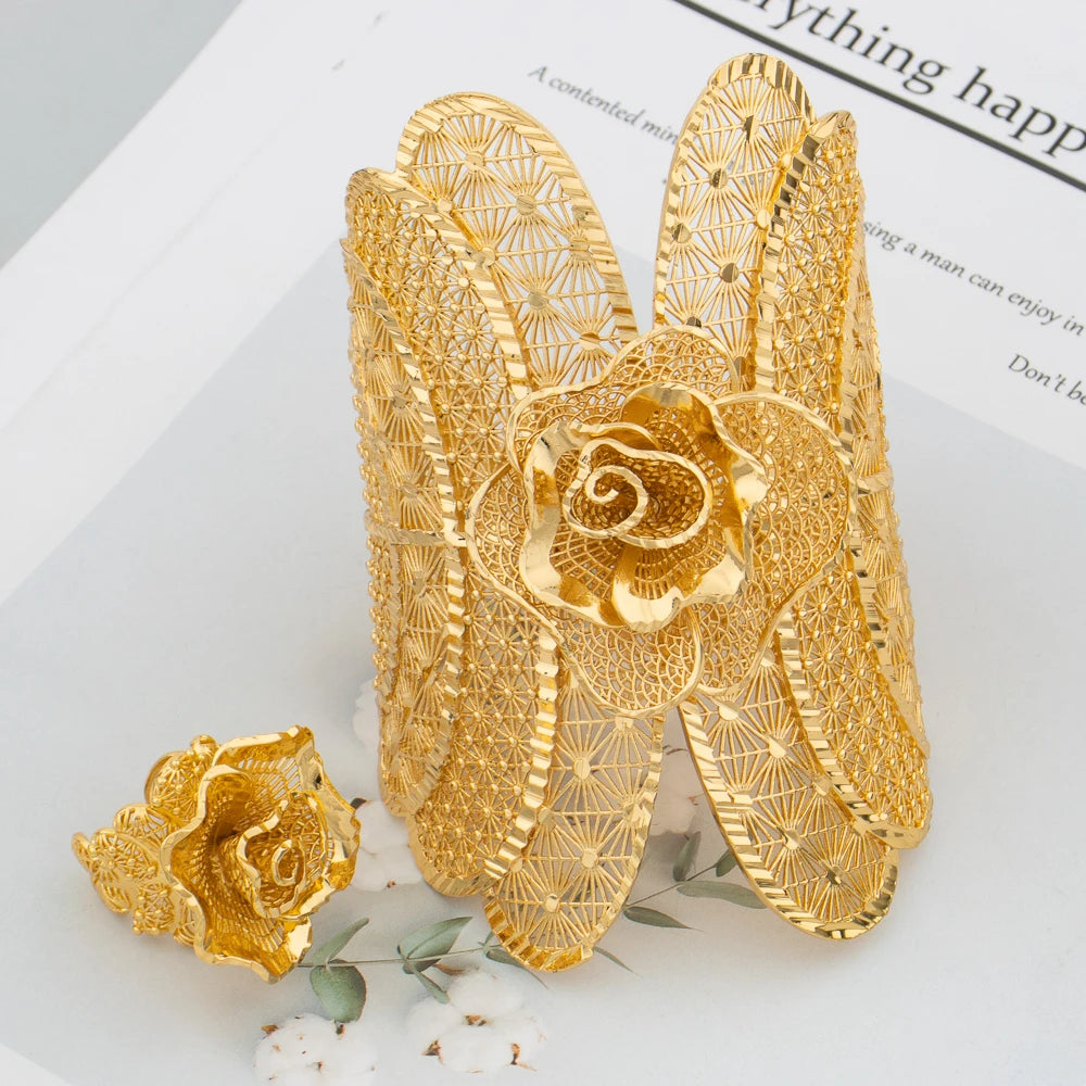 Dubai Manschettenarmreif Damen Arabisch 18K vergoldet Armband Ring Luxus Groß Rund Schmuck Kupfer Hochzeit Äthiopien Brautgeschenke