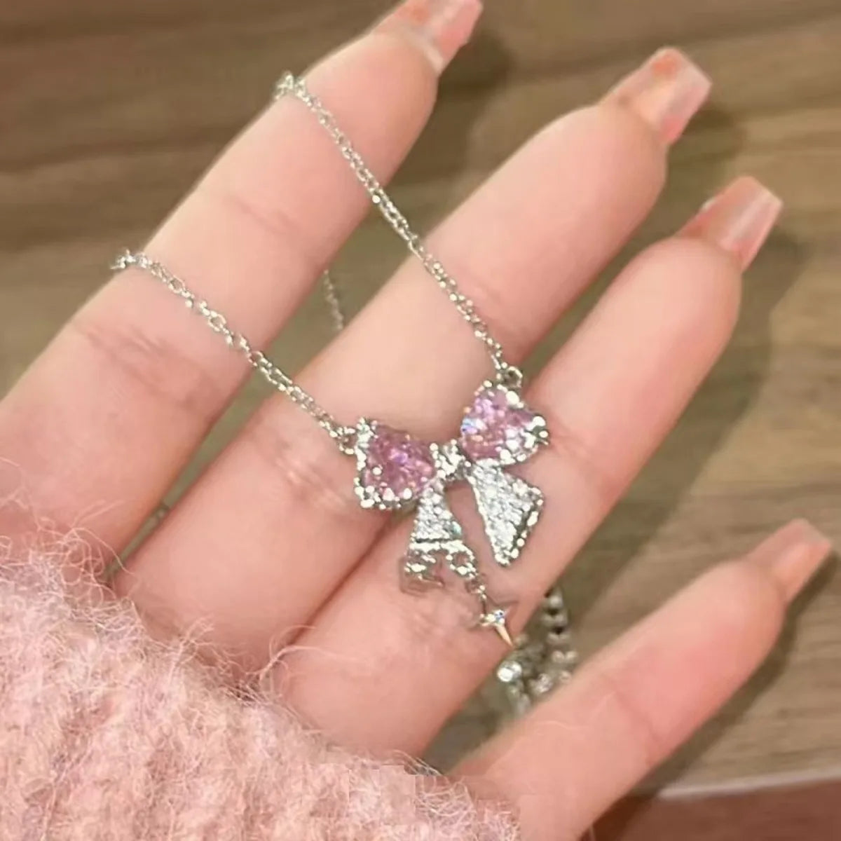 Sweet Pink Bow Necklace Ladies Fashion Sparkling Rhinestone Star Shape Pendant Clavicle Chain Delicate Wedding Accesories