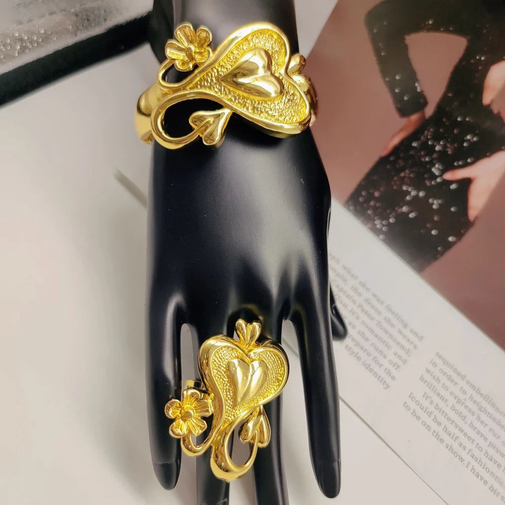 Dubai Armreif- und Ring-Schmuckset für Damen, Hochzeiten, Braut, goldfarben, Hand-Armreif, Cocktailring, 2-teiliges Set für Party-Accessoires