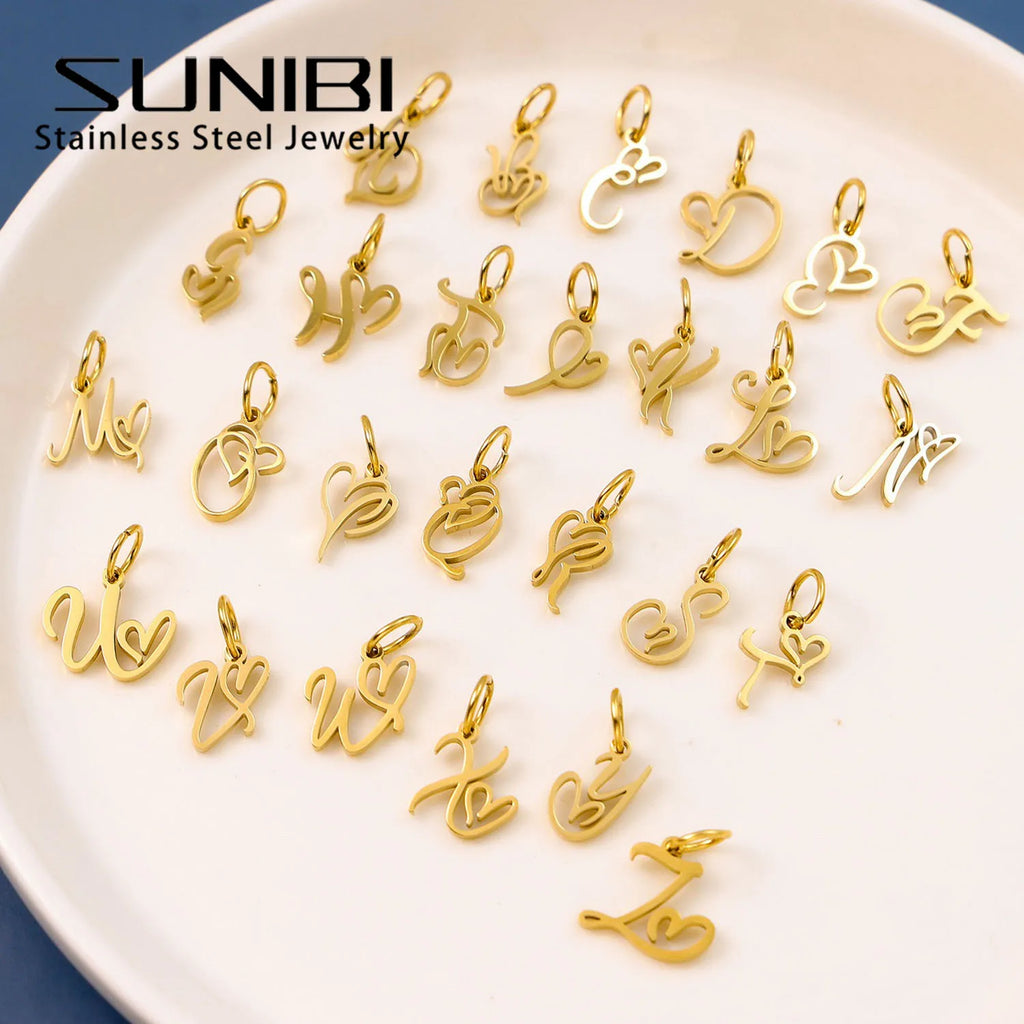 SUNIBI Heart Art Initial Alphabet Pendant DIY Name Customized Birthday Gift Stainless Steel Women Fashion Jewelry A-Z Wholesale