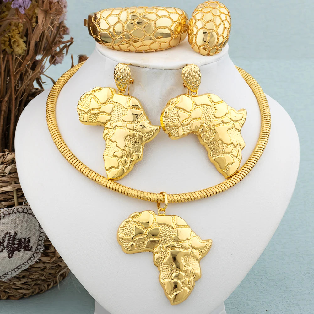Afrikanischer Goldschmuck für Damen, großes Ohrring- und Anhänger-Set, italienische Luxus-Halskette, Armreif, Ring, Hochzeitsgeschenk