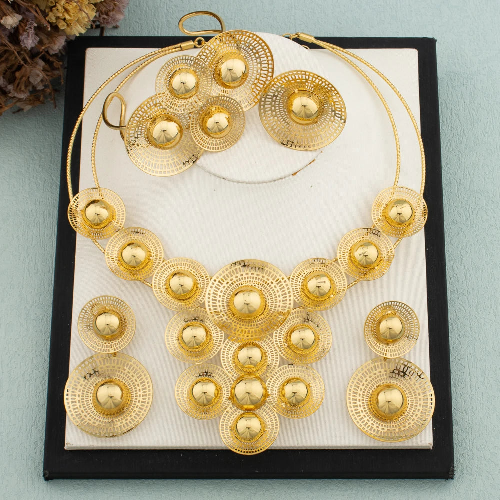 Große Damen Schmuckset Dubai Vergoldet Ohrringe Halskette Kupfer Mehrere Kleine Kreis Design Blume Braut Armreif Ringe Geschenk
