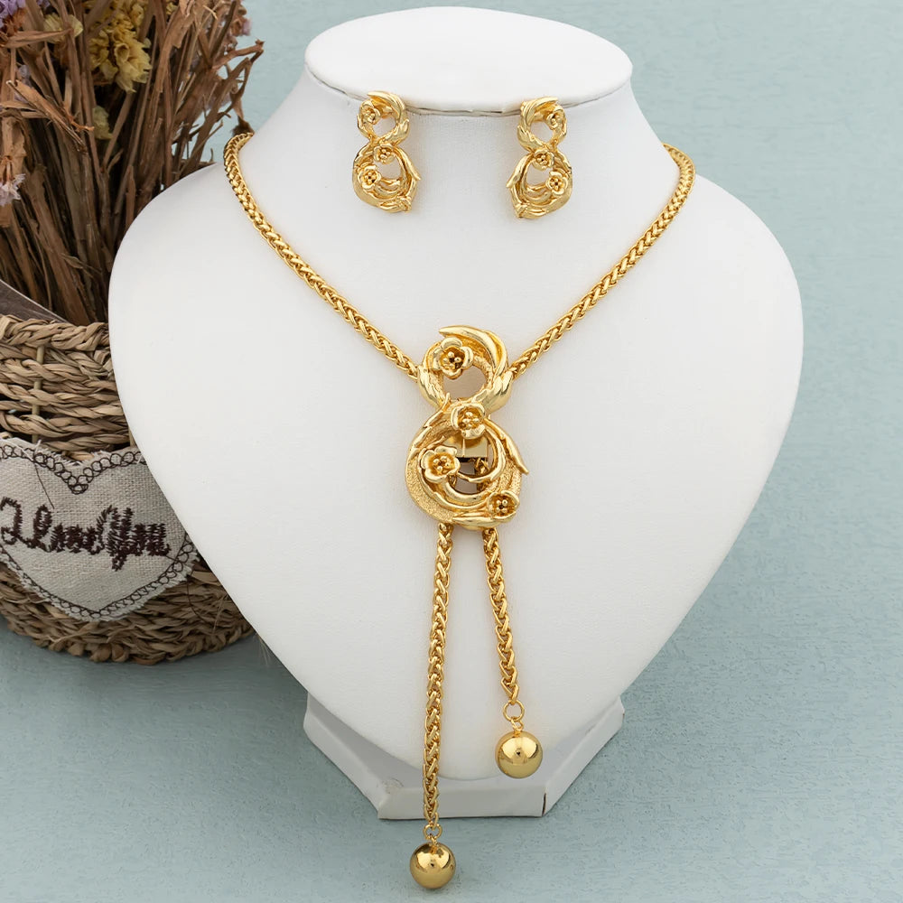 Neues Mode-Schmuckset vergoldet Anhänger Dubai Italien Halskette Tropfenohrringe für Frauen Verstellbare Kette Party Böhmen Schmuck