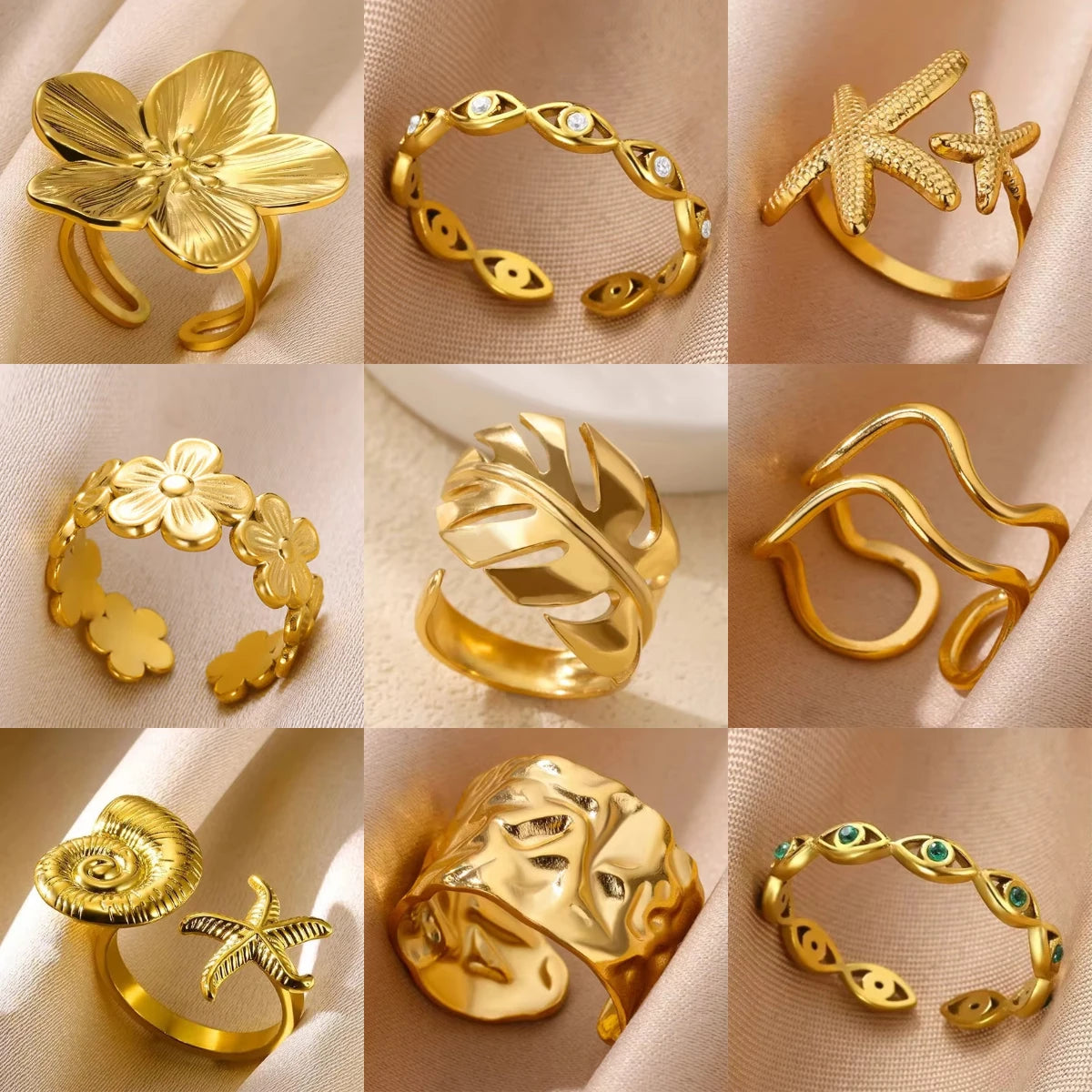 Edelstahl-Blumen-offene Ringe für Frauen Trend Hochzeit Herz Schmuck Goldfarbe Geometrischer hohler Ring Täglicher Accessoires Geschenk
