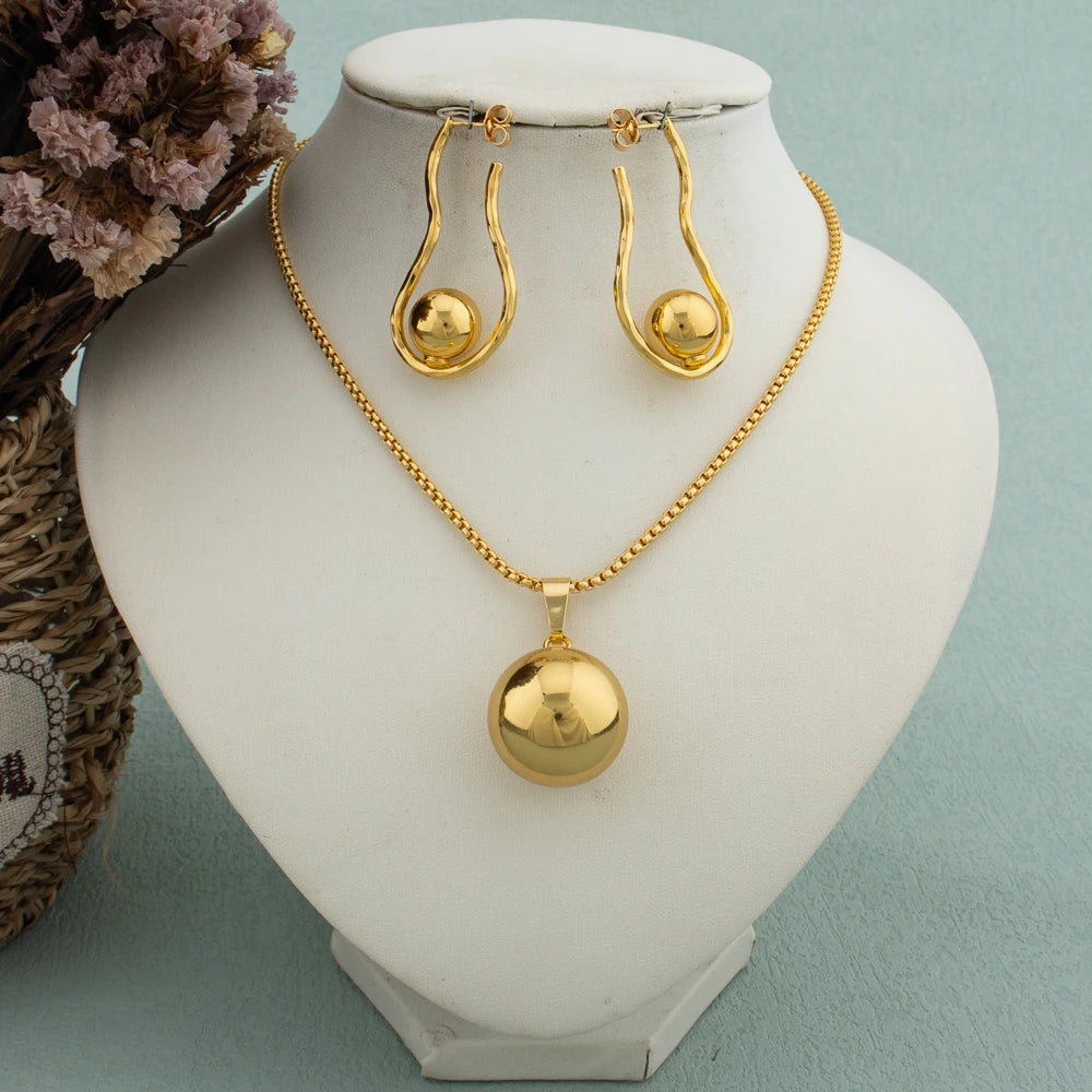 Schlichtes geometrisches Halsketten-Ohrringe-Set aus Metall mit kugelförmigem Anhänger für Damen, Edelstahl, vergoldet, lichtecht, trendiger Schmuck