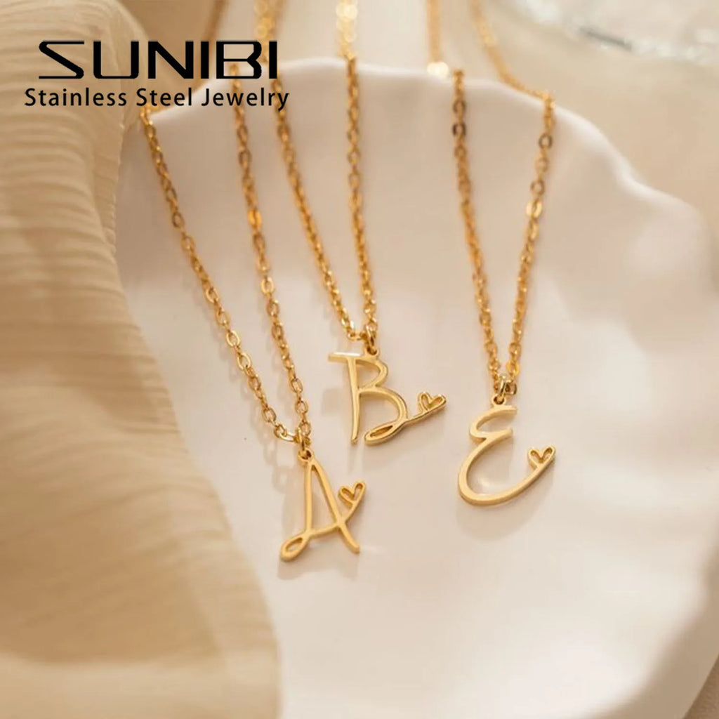 SUNIBI Stainless Steel Initial Necklace for Woman 26 Art Letters Heart DIY Pendant Necklace Gift Jewelry Wholesale Dropshipping