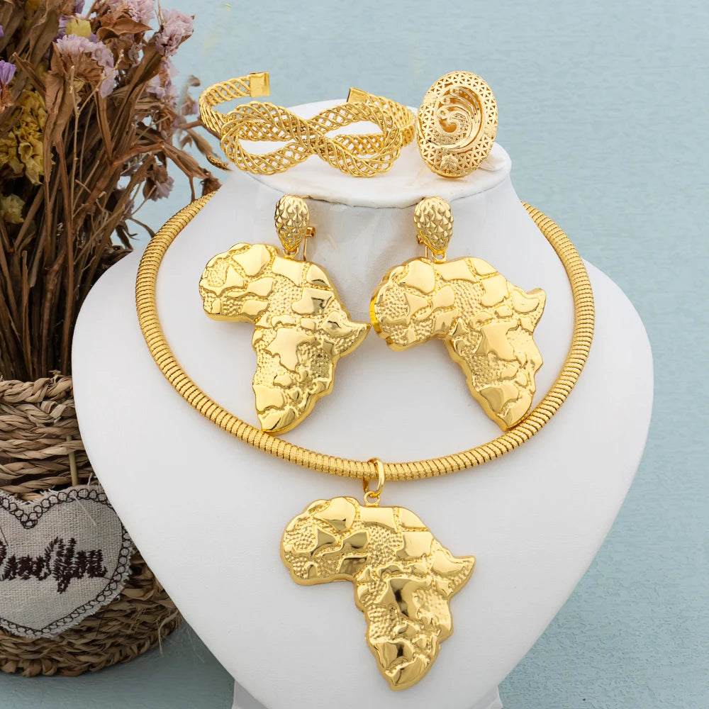 Afrikanischer Goldschmuck für Damen, großes Ohrring- und Anhänger-Set, italienische Luxus-Halskette, Armreif, Ring, Hochzeitsgeschenk