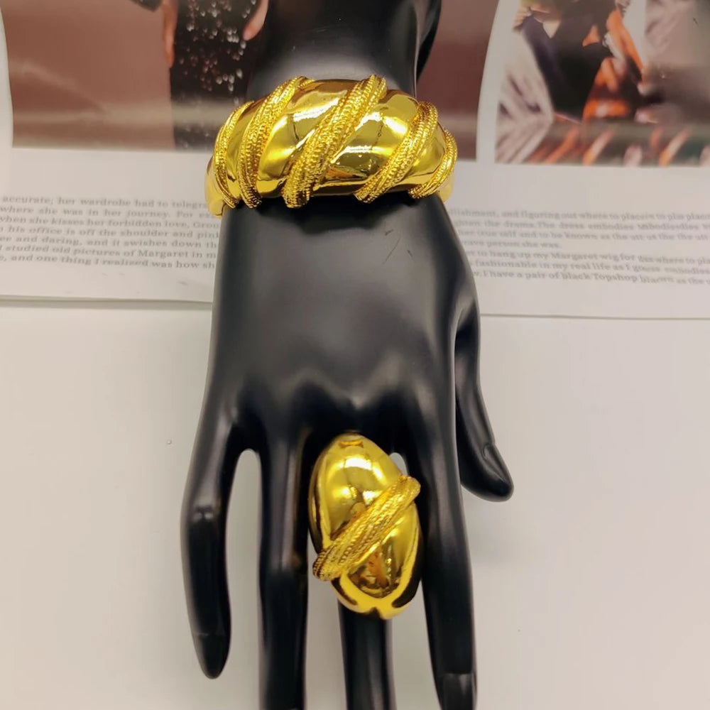 Dubai Armreif- und Ring-Schmuckset für Damen, Hochzeiten, Braut, goldfarben, Hand-Armreif, Cocktailring, 2-teiliges Set für Party-Accessoires