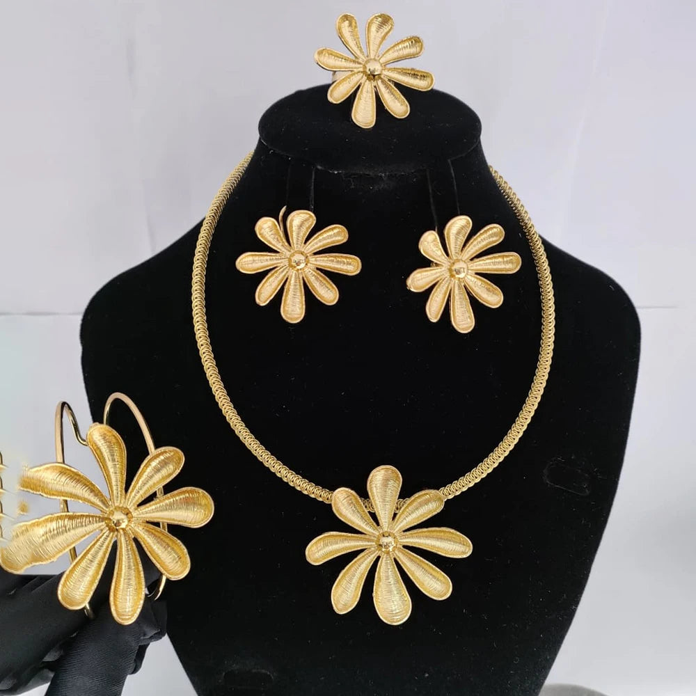 Conjunto de Joyería de Lujo para Mujer, Collar de Color Dorado, Pendientes de Aro Grandes, Brazalete y Anillo para Mujeres Modernas, Joyería de Fiesta Africana de Dubái