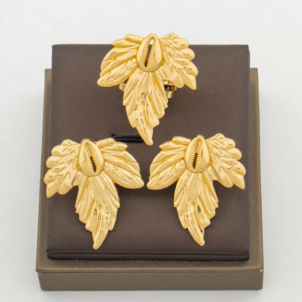 Dubai Goldfarbenes Schmuckset für Partys, Blätter-Design-Ohrringe und Cocktailring, 2-teiliges Set für Hochzeiten, Brautschmuck-Accessoires