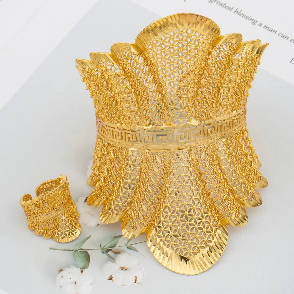 Dubai Manschettenarmreif Damen Arabisch 18K vergoldet Armband Ring Luxus Groß Rund Schmuck Kupfer Hochzeit Äthiopien Brautgeschenke