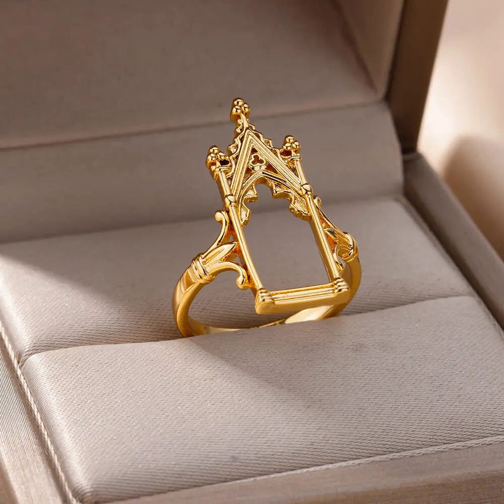 Edelstahl Magic Mirror Ringe für Damen, vergoldet, ästhetischer Ehering, Schloss-Blumenblatt-Design, leichter Luxusschmuck