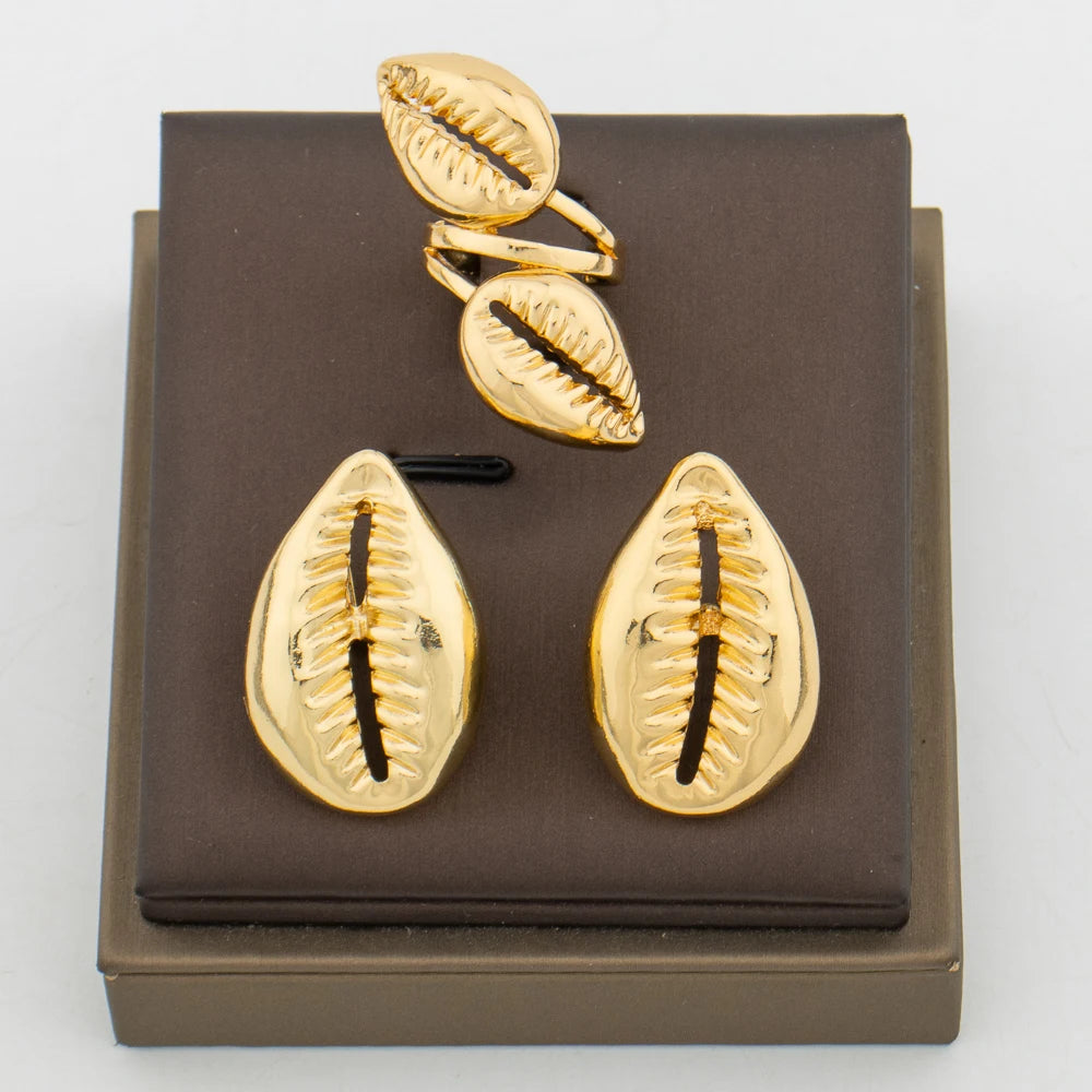 Dubai Goldfarbenes Schmuckset für Frauen, Hochzeiten, Braut, Ohrringe und Ring, brasilianisches Statement-Design, Clip-Ohrringe, Ringset, Alltag