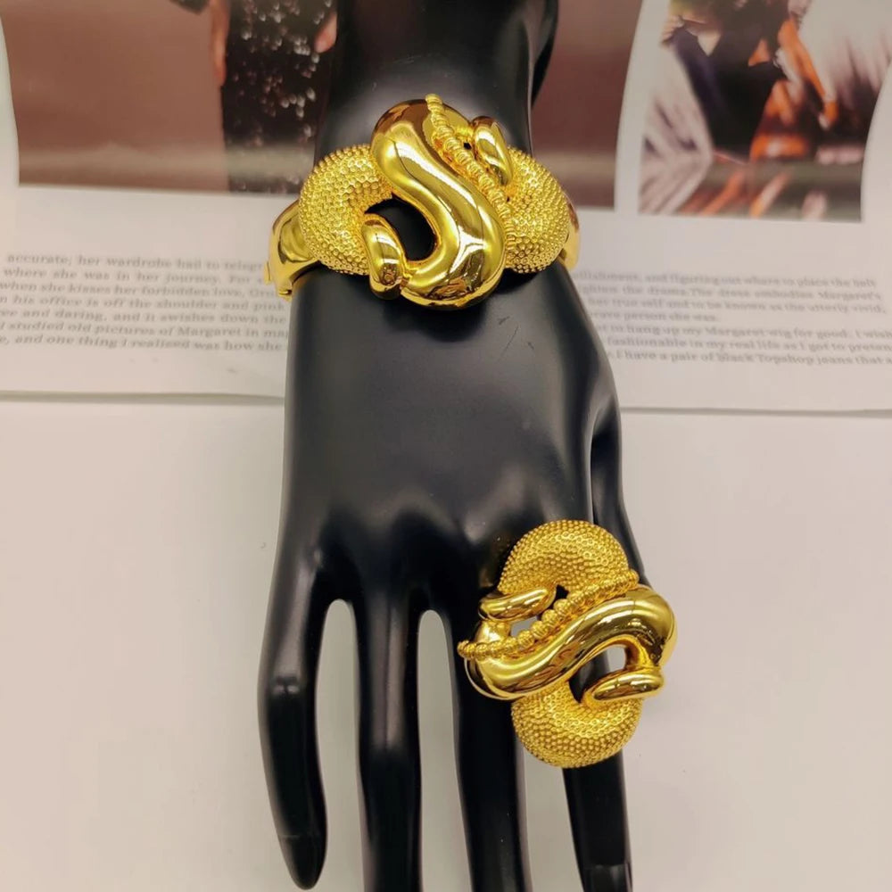 Dubai Armreif- und Ring-Schmuckset für Damen, Hochzeiten, Braut, goldfarben, Hand-Armreif, Cocktailring, 2-teiliges Set für Party-Accessoires