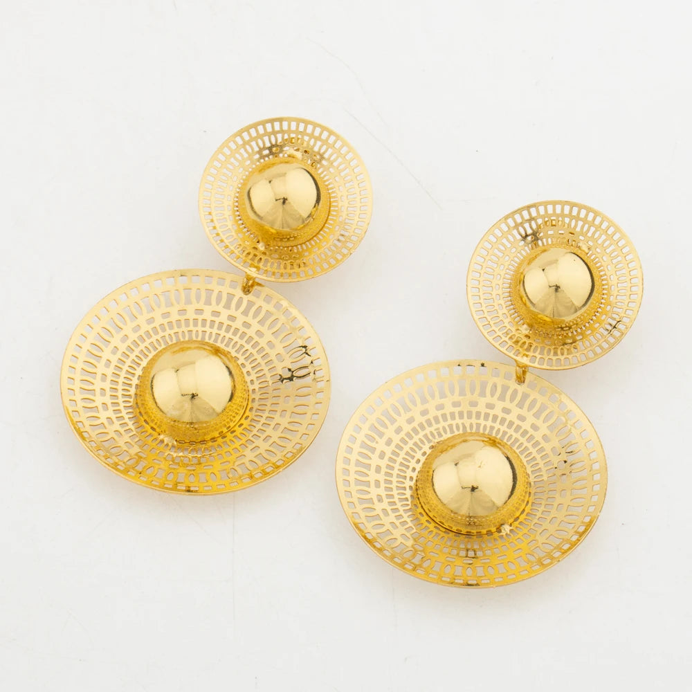 Große Damen Schmuckset Dubai Vergoldet Ohrringe Halskette Kupfer Mehrere Kleine Kreis Design Blume Braut Armreif Ringe Geschenk