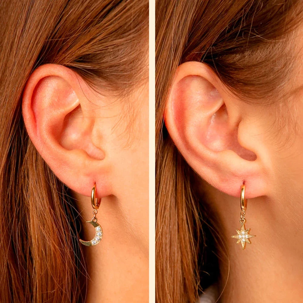 SUNIBI Pendientes colgantes de acero inoxidable para mujer, niña, estrella, luna, pendientes, joyería de boda, regalo de fiesta al por mayor