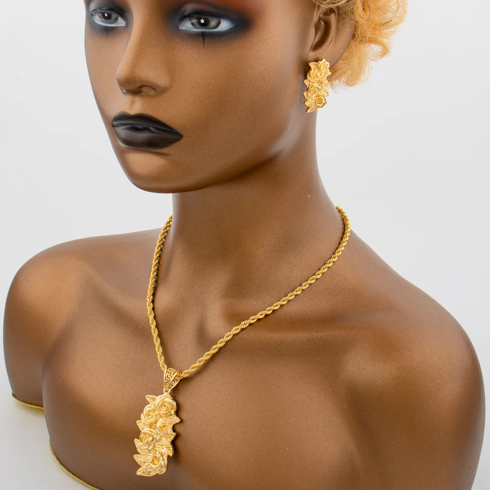 Neu eingetroffene goldfarbene Schmucksets für Damen – modische Ohrringe, Halskette, Armreif, Ring, Blumenanhänger, Braut, Hochzeitsfeier