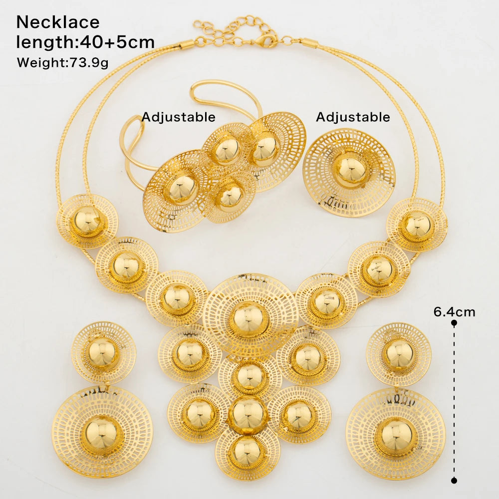 Große Damen Schmuckset Dubai Vergoldet Ohrringe Halskette Kupfer Mehrere Kleine Kreis Design Blume Braut Armreif Ringe Geschenk
