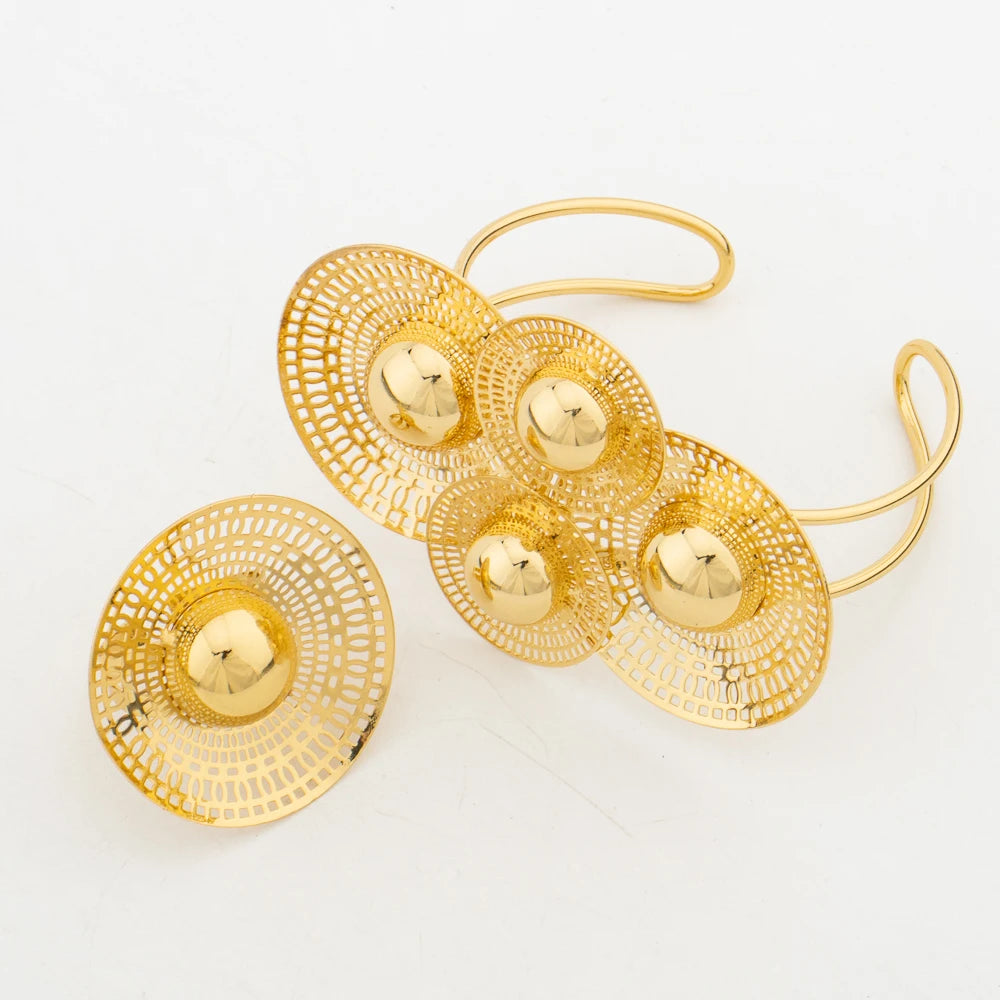 Große Damen Schmuckset Dubai Vergoldet Ohrringe Halskette Kupfer Mehrere Kleine Kreis Design Blume Braut Armreif Ringe Geschenk