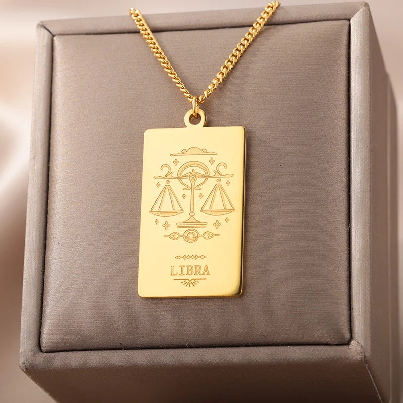 Stainless Steel Zodiac Sign Necklace For Women Vintage Constellation Libra Pendant Chain Collar Aesthetic 2024 New Trend Jewelry