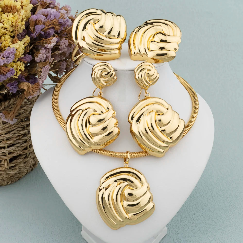 Conjunto de Joyería de Lujo para Mujer, Collar de Color Dorado, Pendientes de Aro Grandes, Brazalete y Anillo para Mujeres Modernas, Joyería de Fiesta Africana de Dubái