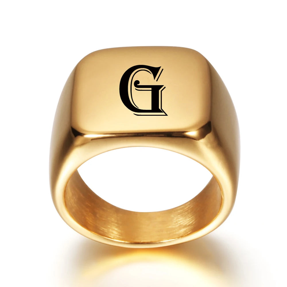 Personalisierter Anfangsbuchstabe Gravur A bis Z Alphabet Edelstahl Siegelring Blanko Glatt Hochglanzpoliert Goldfarben US-Größe