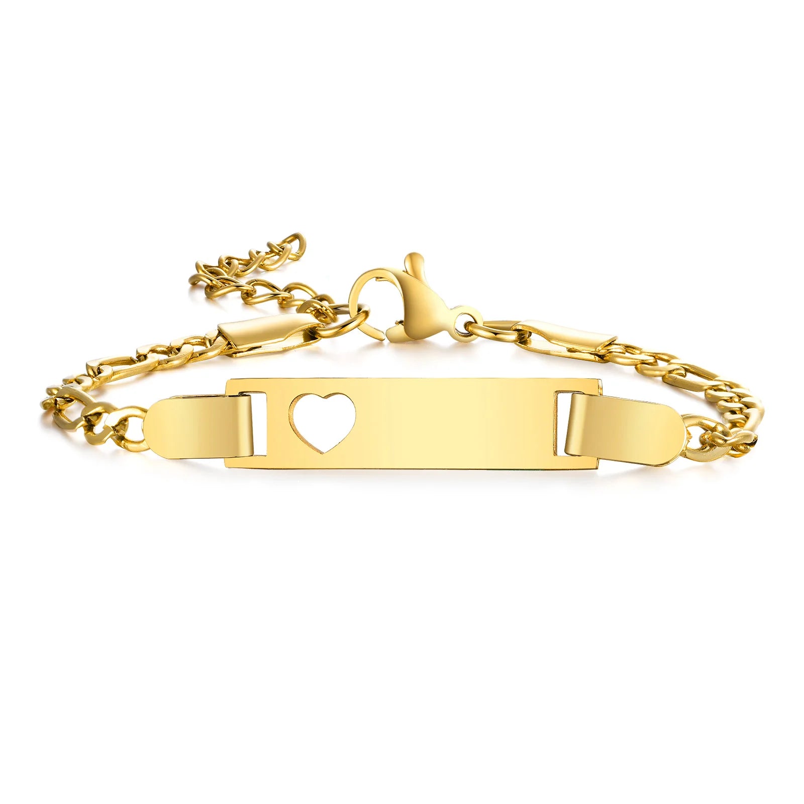Personalisiertes Armband mit Wunschnamen und Herz, Edelstahl Figaro-Kettenglied verstellbar, graviertes Geschenk für Jungen und Mädchen