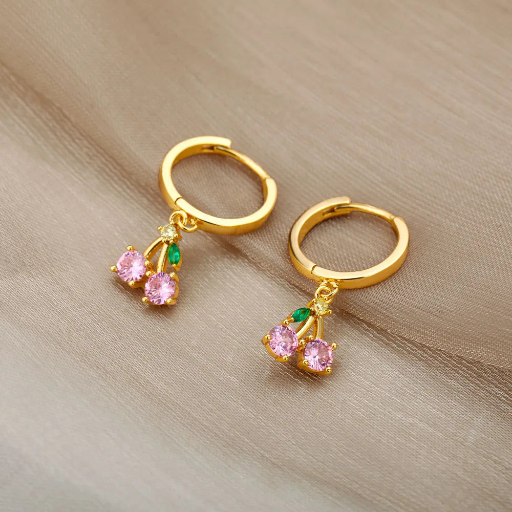 Kristallfrucht Kirsch-Ohrringe für Frauen Edelstahl Rosa Kirsch-Ohrring Femme Fee Mode Boho Schmuck Geschenk 2023