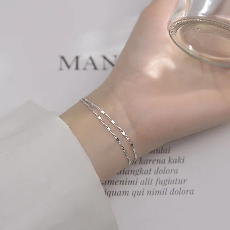 s925 Sterling Silber Doppelreihen Armband für Damen, elegant, schlicht, Süßwasser-Kette, Schmuck