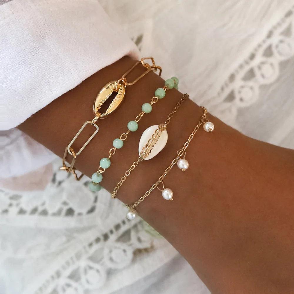 Fashion Geometrischer Stein Anhänger Armband Set Für Frauen Retro Silber Farbe Mond Handgelenk Kette Offener Armreif Dame Trendy Boho Schmuck