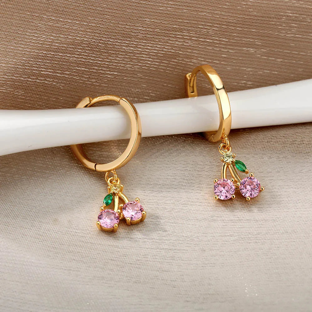 Kristallfrucht Kirsch-Ohrringe für Frauen Edelstahl Rosa Kirsch-Ohrring Femme Fee Mode Boho Schmuck Geschenk 2023