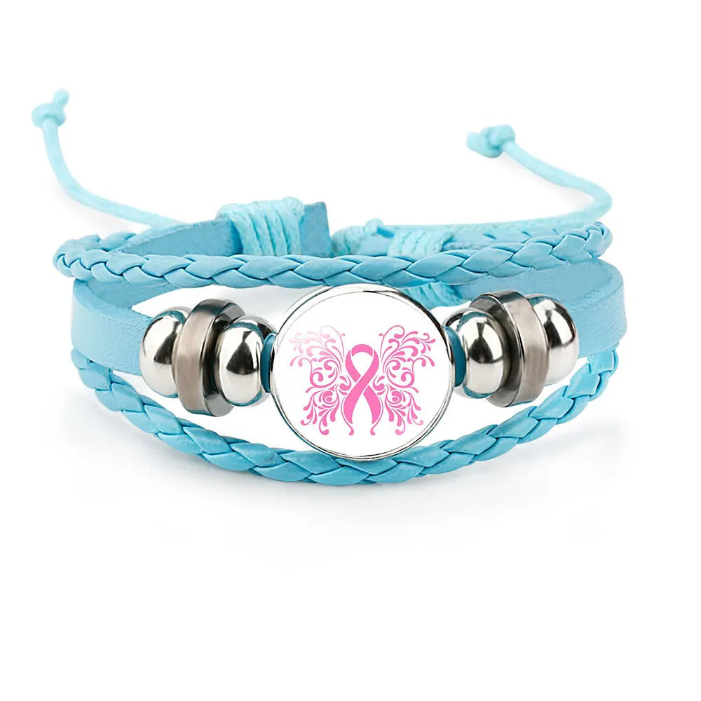 Brustkrebs-Bewusstseins-Hoffnungsarmband für Frauen Rosa Schleife Anhänger Geflochtenes Lederseil Wickelarmband Mode handgemachter Schmuck