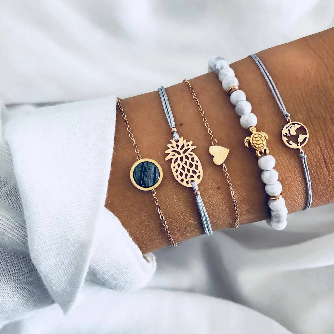Fashion Geometrischer Stein Anhänger Armband Set Für Frauen Retro Silber Farbe Mond Handgelenk Kette Offener Armreif Dame Trendy Boho Schmuck