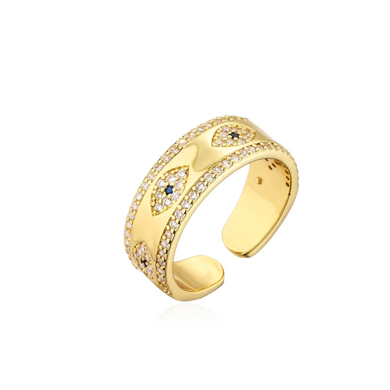 NEWBUY 2024 Mode Goldfarbe Kupfer Hochzeitsschmuck AAA CZ Böses Auge Design Offener Ring Für Frauen Mädchen Verlobungsgeschenk