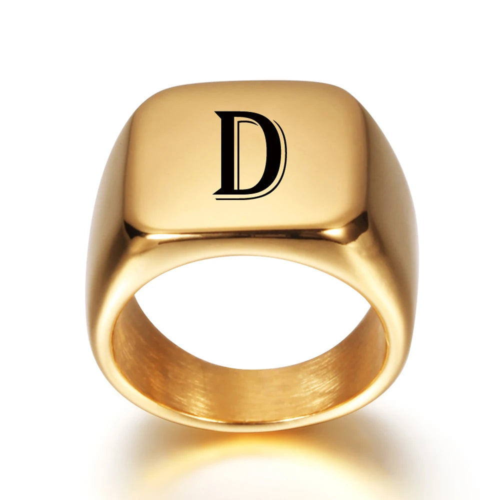 Personalised Initial Engrave A to Z Alphabet Stainless Steel Signet Blank Plain Ring Band High Polished Gold Color Tone U.S.Size