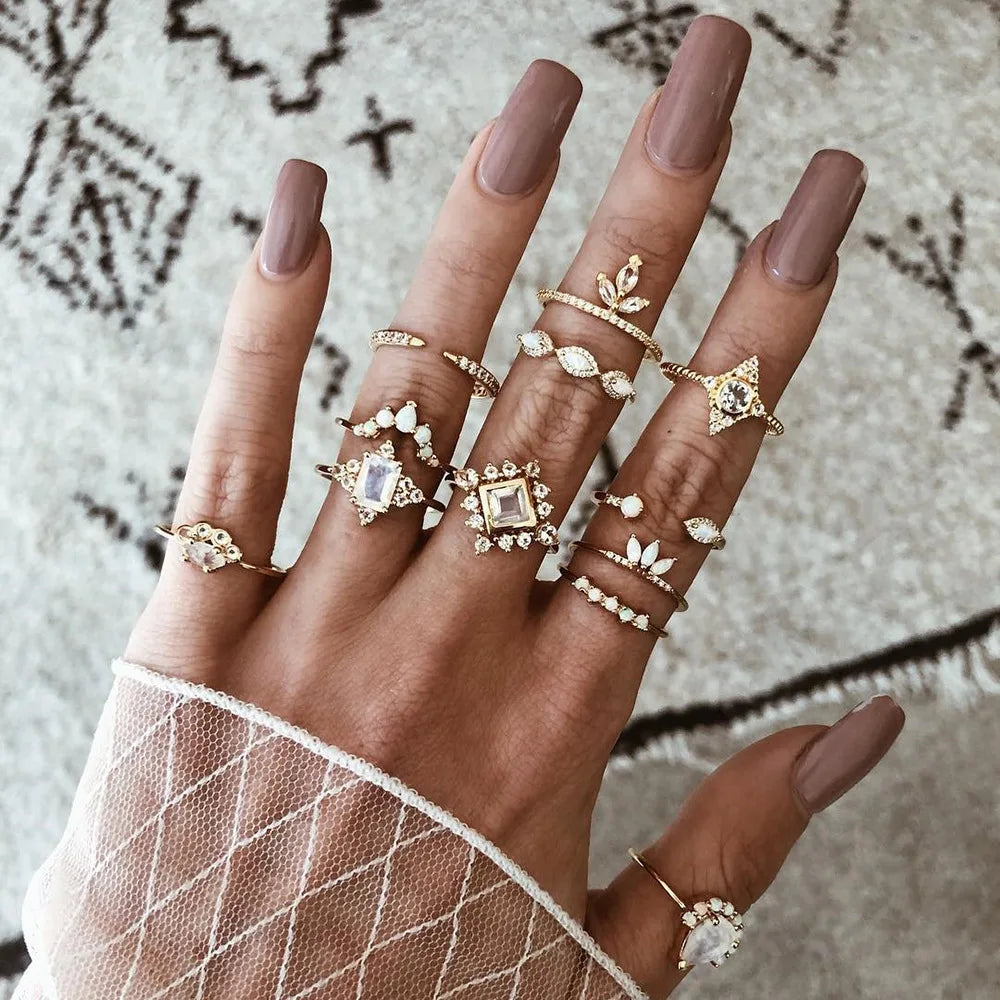 Fashion Geometrische Knöchelringe Set Für Frauen Kristall Goldfarben Fingerring Boho Damen Hochzeit Schmuck Geschenk