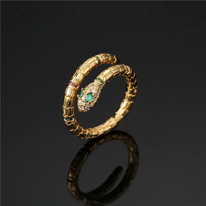 Modischer goldfarbener Schlangenring für Damen und Mädchen, verstellbar, exquisiter glänzender Zirkonia-Fingerring, Hochzeitsschmuckgeschenk