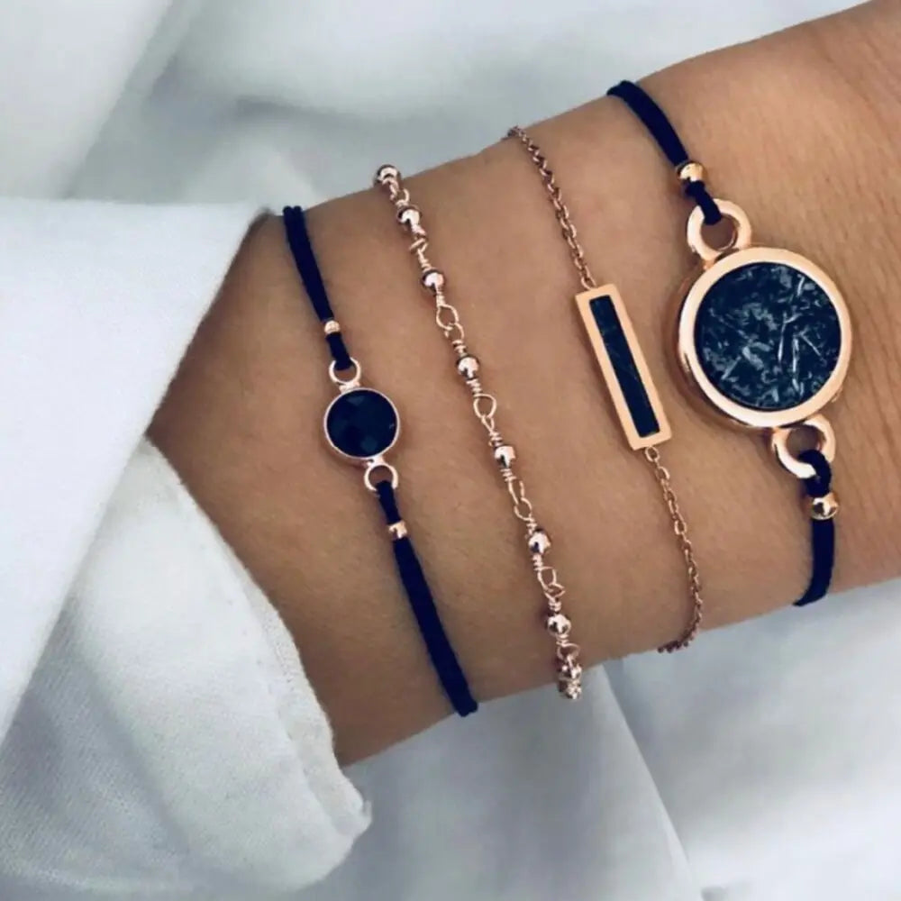 Fashion Geometrischer Stein Anhänger Armband Set Für Frauen Retro Silber Farbe Mond Handgelenk Kette Offener Armreif Dame Trendy Boho Schmuck