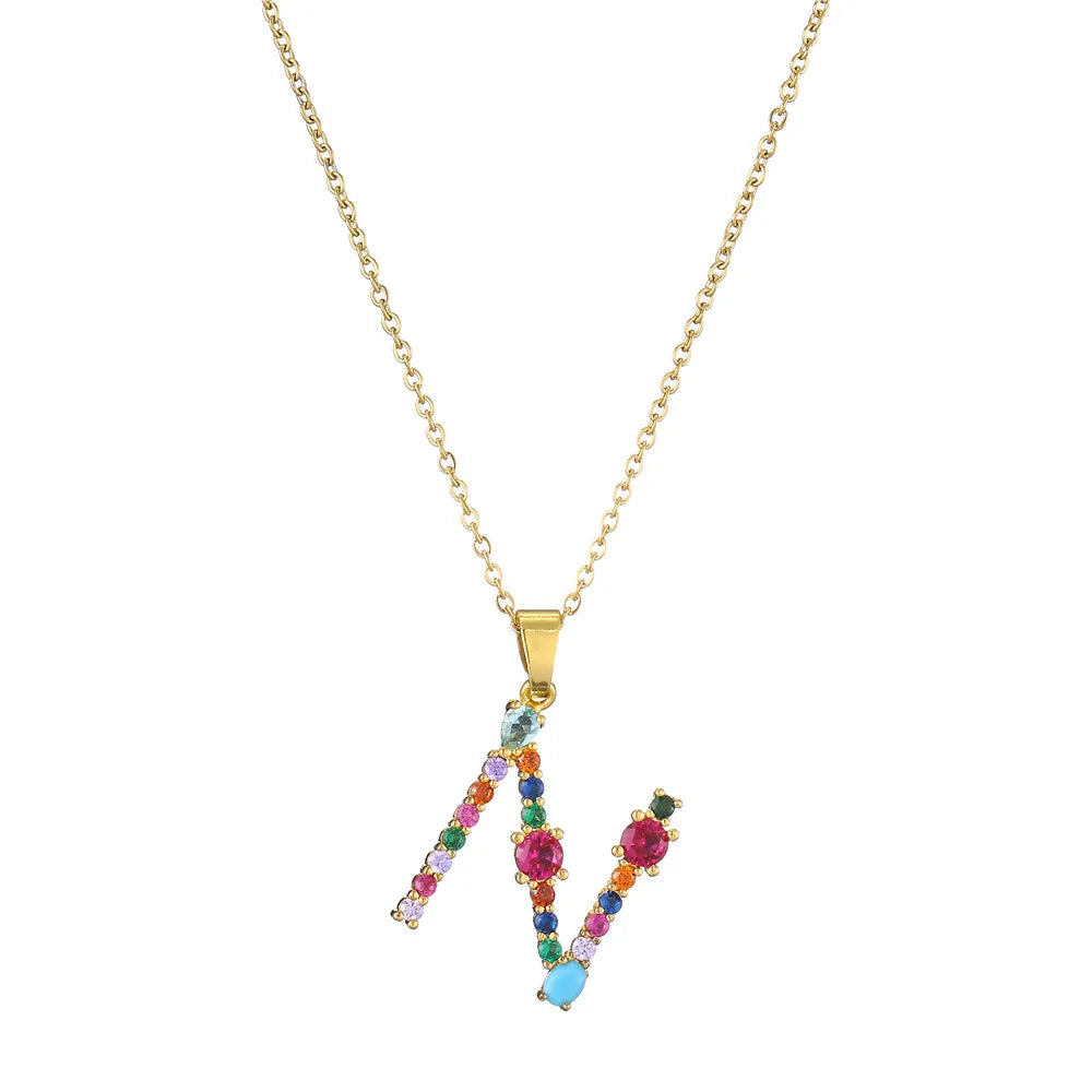 2024 New Hot Colourful Crystal AAA CZ 26 Capital Letters Pendant Necklace For Women Girl Gold Color Copper Initial Name Jewelry